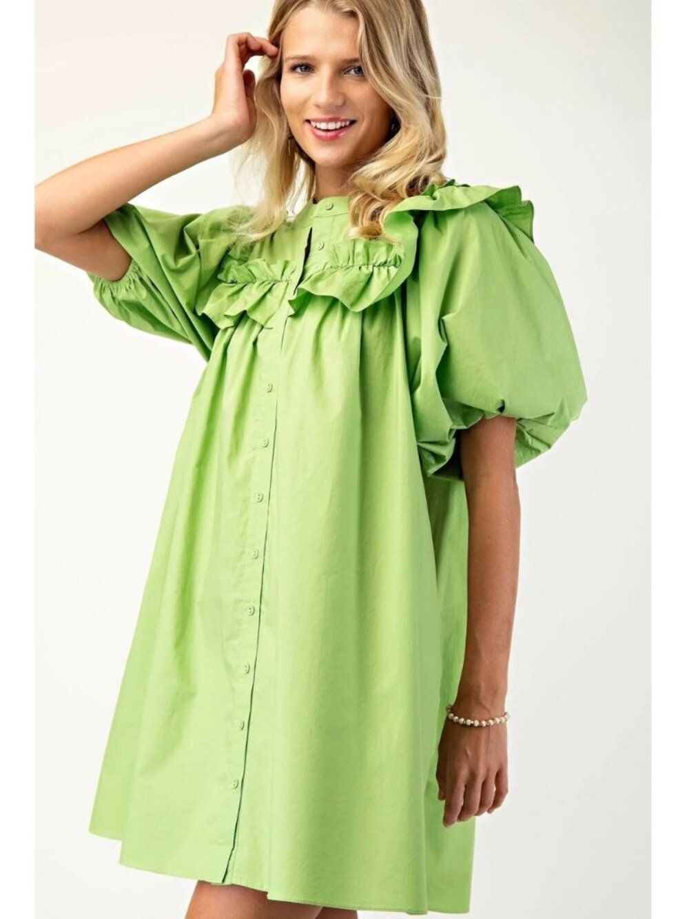 GiGiO Women’S Green Ruffle Puff Sleeve Dress Size S